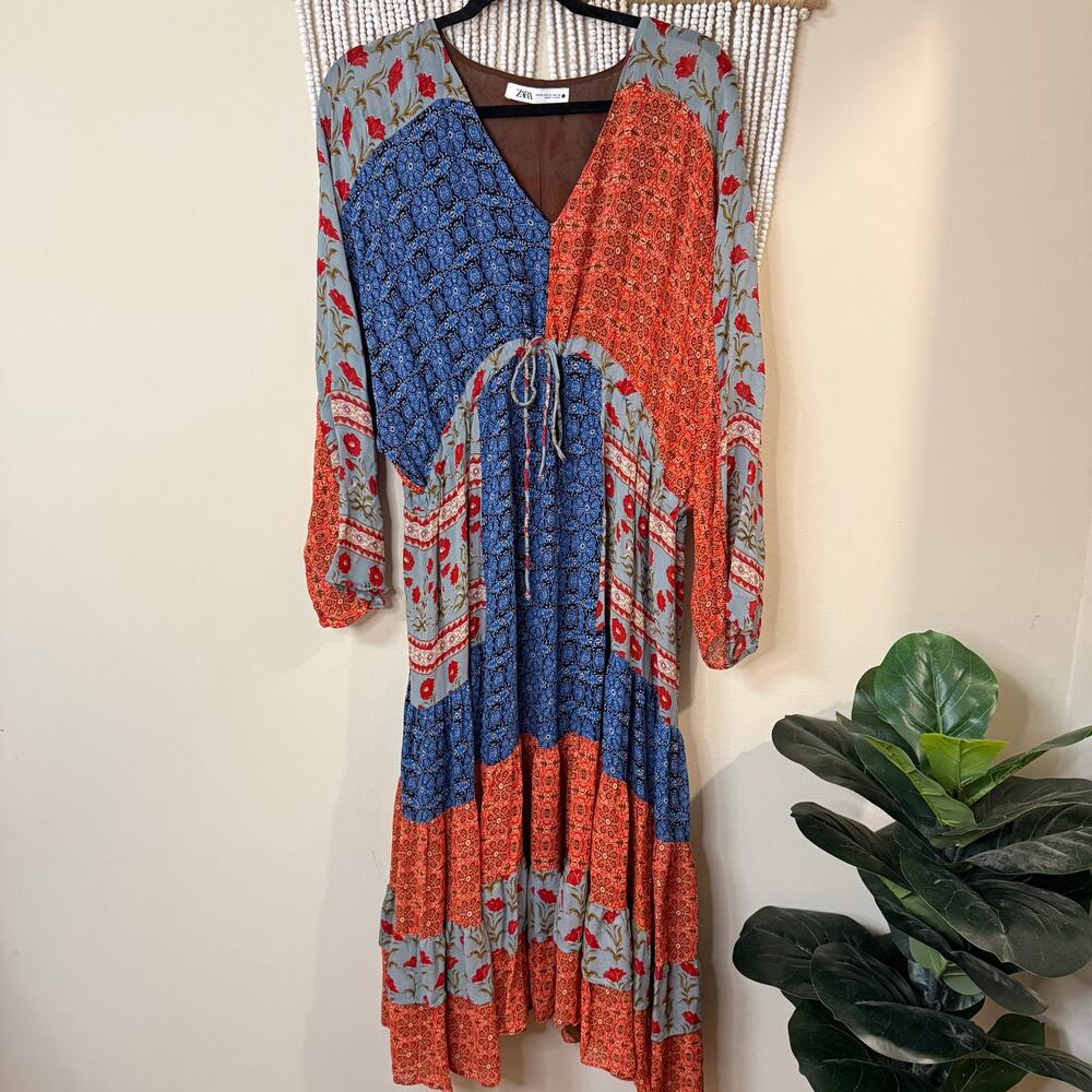 Zara Midi Length Patchwork Print Boho Dress XL